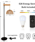 Cozy Tall Floor Lamp With Rattan Lampshade 3 Color Temperatures And Stepless Dimmer Smart Floor Lamp With Remote And App Control Adjustable Standing Lamp For Living Room Bedroom Office Farmhouse Style Decor shown with remote, LED bulb, dimensions, and features.