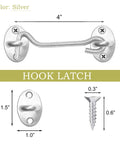 Quacc 4-inch stainless steel hook and eye latch with screws, silver