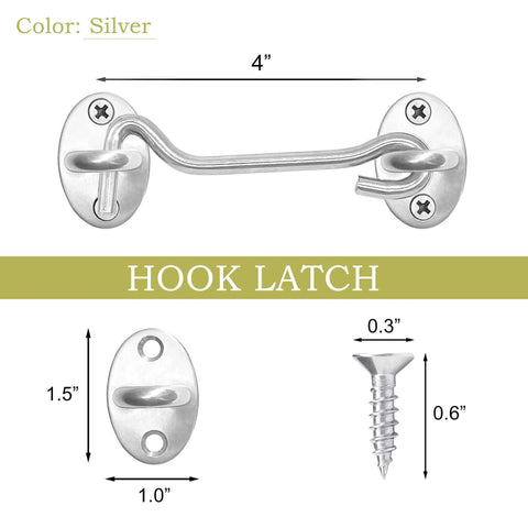 Quacc 4-inch stainless steel hook and eye latch with screws, silver