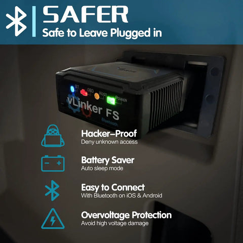 Close-up of Bluetooth OBD2 Diagnostic Scan Tool For iOS Android And Windows With MS-CAN Pro Protocol, Ford Network Access plugged in