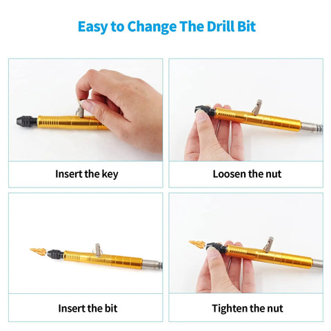 Steps showing how to change a drill bit on Gold One Eighth Inch Flex Shaft Adapter For Rotary Tools Pro Grade Flexible Shaft Attachment.
