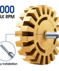 Decal Remover Eraser Wheel For Drill showing rubber wheel design, easy installation, and 4000 max RPM for safe car decal removal.