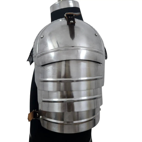 Close-up of adjustable steel pauldron from Medieval Steel Gorget With Pauldrons And Vambrace Set Adjustable Gothic Knight Armor Neck Guard