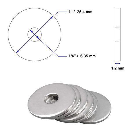 Stainless steel fender flat washers, 1/4 in ID, 1 in OD, 304 (18-8) grade, 120-piece set.