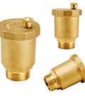Brass automatic float valve kit components; 1/2G fittings and 1/2NPT adapter, three-piece set shown from multiple angles