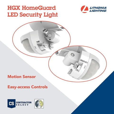 Close-up of HomeGuard 2 Light LED Outdoor Flood Lights with motion sensor controls, showing sensitivity settings.
