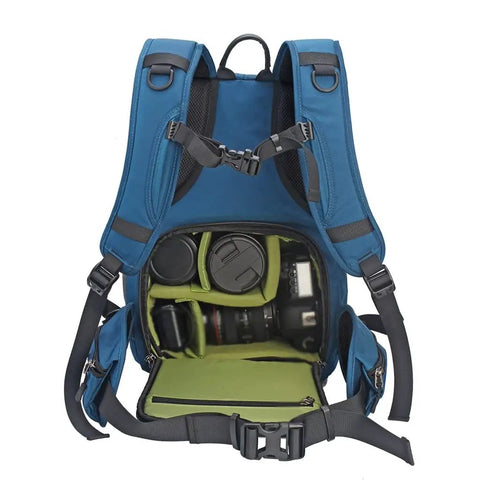 Back view of Waterproof DSLR Camera Backpack With Rain Cover Padded Compartments Multi Function Pouches Detachable Tripod Strap.