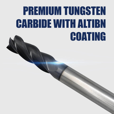 Close-up of 2 Pack 3/8 Inch Carbide Square End Mills, 4 Flute TiAlN Coated CNC Mill Bits for Steel, tough carbide tool.