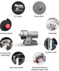 Diagram of Electric Grain Grinder Mill For Corn Soybean Wheat And Spices highlighting power switch, solid blade, and aluminum body.