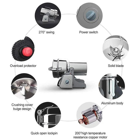 Diagram of Electric Grain Grinder Mill For Corn Soybean Wheat And Spices highlighting power switch, solid blade, and aluminum body.