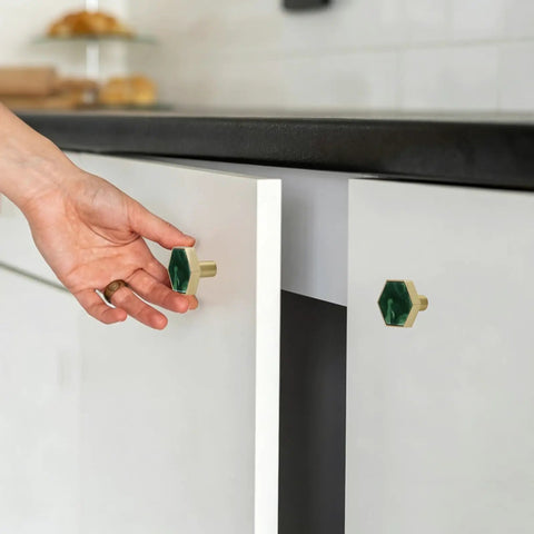 Dope Green Hexagon Cabinet Knobs For Drawers And Cupboards Built Like A Brick Wall Durable Zinc Alloy Furniture Handles With Sleek Marble Finish Replacement Hardware For Kitchen Bedroom Bathroom Top Shelf Home Refresh on white cabinet doors.