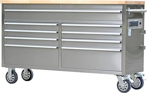 61 Inch Tool Chest On Wheels With 9 Drawers Locking System And Drawer Liners For Garage Workshop Or Warehouse Storage And Heavy Duty Tool Organization stainless steel chest on casters