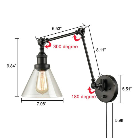 Industrial Swing Arm Wall Lamp Plug In Sconce With On Off Switch Black Finish Clear Glass Shade Adjustable Swing Arm For Living Room Bedroom Home Office