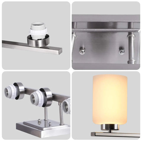 Close-up details of Over Mirror Bath Vanity Light Three Light Fixture With E26 Sconces in brushed nickel and frosted glass shade.