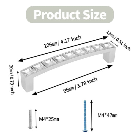 Product dimensions of Crystal Drawer Pulls 10 Pack Modern Bridge Design Rhinestone Handles for Kitchen Cabinets.