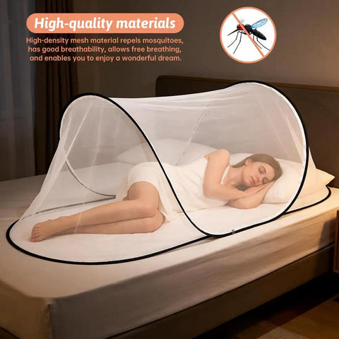 Large Pop Up Mosquito Tent For Adults set up on bed, showing breathable mesh and compact design for single-person use.