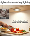 2 PCS Range Hood LED Recessed Light, 12V DC 3W 6000K Kitchen Downlight illuminating fresh vegetables on a cutting board.