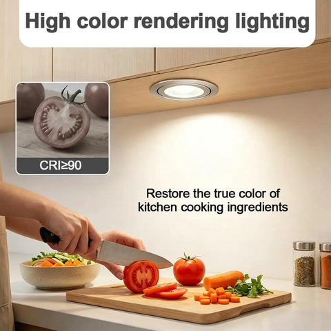 2 PCS Range Hood LED Recessed Light, 12V DC 3W 6000K Kitchen Downlight illuminating fresh vegetables on a cutting board.