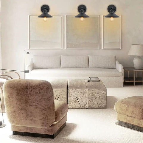 Set Of 3 Indoor Reading Wall Sconces Dope Vanity Lights Vintage Industrial Modern Wall Mount Fixtures With Black Matte 6.9 Inch Shade For Bedside Photo Gallery Aisle Study Kitchen shown above a beige sofa in a living room.