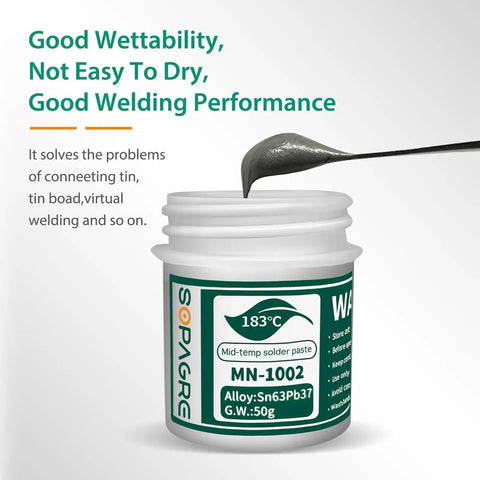 Sn63 Pb37 SMD Solder Paste For Phone Repairs No Clean Tin Lead Alloy, 50g can showing paste texture and label details