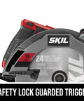 SKIL circular saw, 7-1/4 in blade, 15-amp motor; side view shows gray blade guard, red trigger grip, SKIL logo