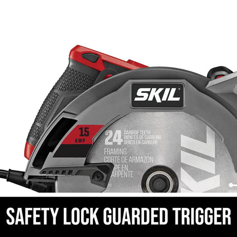 SKIL circular saw, 7-1/4 in blade, 15-amp motor; side view shows gray blade guard, red trigger grip, SKIL logo