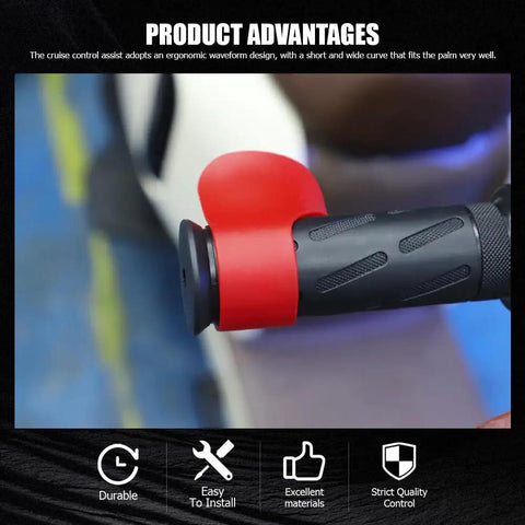Close-up of Heavy Duty Motorcycle Cruise Control Throttle Assist Grip For 7/8 Inch Bars, ergonomic red and black design.