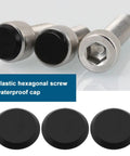 Close-up of 50 Pack Socket Head Screw Cover Caps For M6 Allen Screws, black hex head plastic protectors with screws.