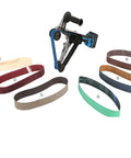 Heavy Duty Pipe Belt Sander Tube Grinder with assorted sanding belts for metal finishing and rust removal.