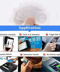 Hand holding 20 pack 1 inch round 13.56MHz RFID M1 S50 tags adhesive proximity stickers with application uses shown.