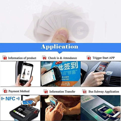 Hand holding 20 pack 1 inch round 13.56MHz RFID M1 S50 tags adhesive proximity stickers with application uses shown.