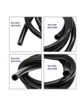 Upgrade Your Ride With Jecoupoon 5 Ft Silicone Vacuum Hose Kit, Features Four Common Sizes Including 5/32, 1/4, 5/16 And 3/8 Inch Tubing For Easy Engine Bay Routing, High Temp Heat Resistance, Flexibility That Lasts, Perfect For Auto Repair Shop Projects. Black silicone vacuum hose kit shown in four sizes with ID and OD labels.