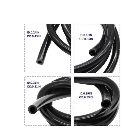 Upgrade Your Ride With Jecoupoon 5 Ft Silicone Vacuum Hose Kit, Features Four Common Sizes Including 5/32, 1/4, 5/16 And 3/8 Inch Tubing For Easy Engine Bay Routing, High Temp Heat Resistance, Flexibility That Lasts, Perfect For Auto Repair Shop Projects. Black silicone vacuum hose kit shown in four sizes with ID and OD labels.
