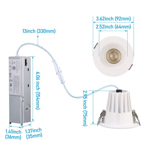 TORCHSTAR 6-Pack 5CCT 3 Inch LED Recessed Lighting, Anti-Glare, CRI90 with size dimensions displayed.