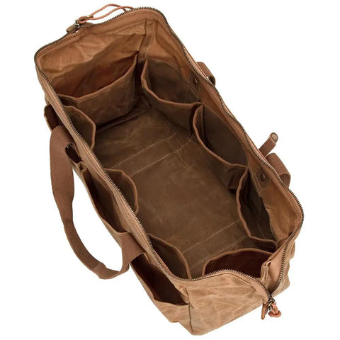 Heavy Duty 18 Inch Waxed Canvas Tool Bag With 12 Spacious Pockets Large Zippered Organizer Built Tough For The Daily Grind Soft Grip Handle Portable Workhorse For Tradesmen