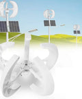Vertical Axis Wind Turbine Generator Kit 200 Watt 24 Volt showing sleek white design with solar panels in the background.