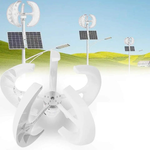 Vertical Axis Wind Turbine Generator Kit 200 Watt 24 Volt showing sleek white design with solar panels in the background.
