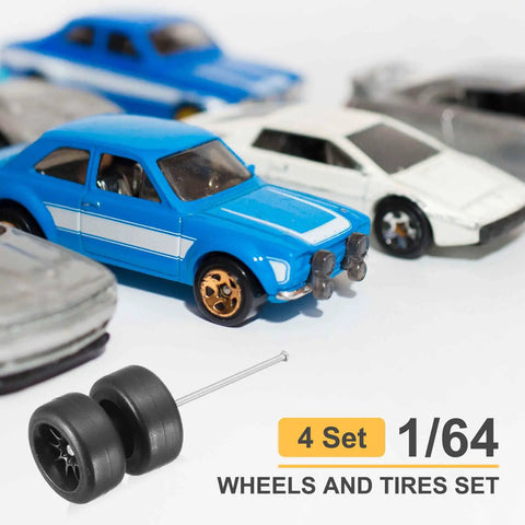 One Sixty Fourth Scale RC Diecast Car Wheels And Tires Set With Real Riders Ten Spoke Black Rims Axles Included Ideal DIY Upgrade