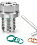 Rugged Oversize Piggyback Oil Drain Plug M12.1x1.25, 304 stainless steel repair kit with wrench, gasket rings, and threads
