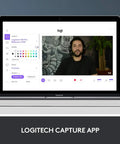 Pro Grade Full HD 1080P Webcam With Crisp Dual Mics And Snappy Auto Focus Dead Simple Plug And Play Setup For Smooth Video Calls, shown on a MacBook screen with Logitech Capture app.