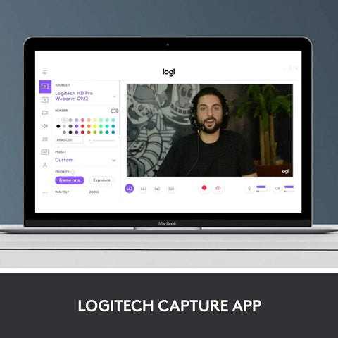 Pro Grade Full HD 1080P Webcam With Crisp Dual Mics And Snappy Auto Focus Dead Simple Plug And Play Setup For Smooth Video Calls, shown on a MacBook screen with Logitech Capture app.