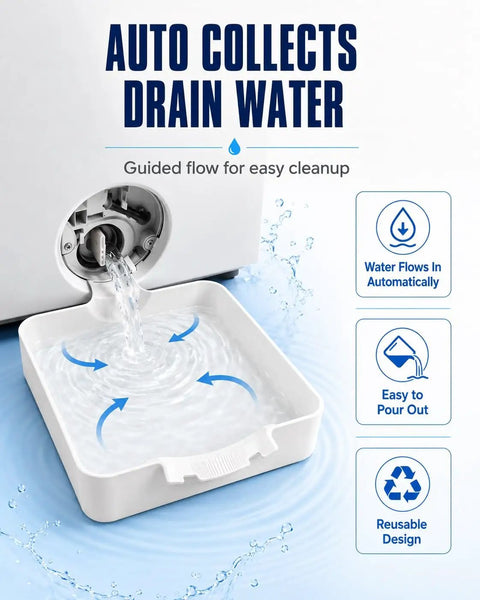 Front Load Washer Drip Pan Universal Drain Tray Leak Proof Floor Protector catches water from machine.