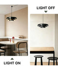 Black Swag Pendant Light Plug in, Mid Century Modern Pendant Lamp with Layered Metal Shade in dining room with light on and off.