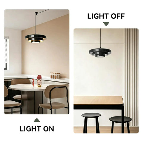 Black Swag Pendant Light Plug in, Mid Century Modern Pendant Lamp with Layered Metal Shade in dining room with light on and off.