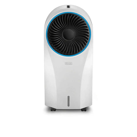White Portable Evaporative Cooler That Delivers Legit Indoor Cooling And Natural Humidification While Skipping The Heavy Compressor For Straight Up Energy Savings And Fresher Air Anytime, front view with fan.