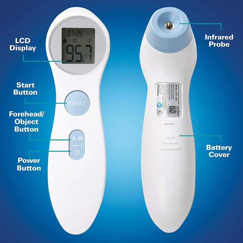 Infrared Forehead Thermometer Digital White No Touch Readout Lightweight Compact Body Temperature Reader For Home Use Quick Reading Safe Pediatric And Adult Temperature Check Battery Powered front and back view with LCD display