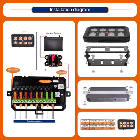 Installation diagram of 8 Gang RGB LED Switch Panel with Toggle, Momentary, and Pulsed Touch Control, Multi Function Pod Box.