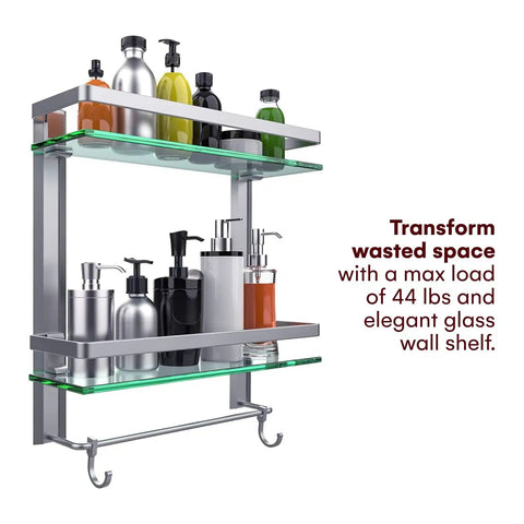 2 Tier Glass Wall Shelf With Integrated Towel Bar In Brushed Silver Finish, Wall Mounted Shower Storage for large shampoo bottles
