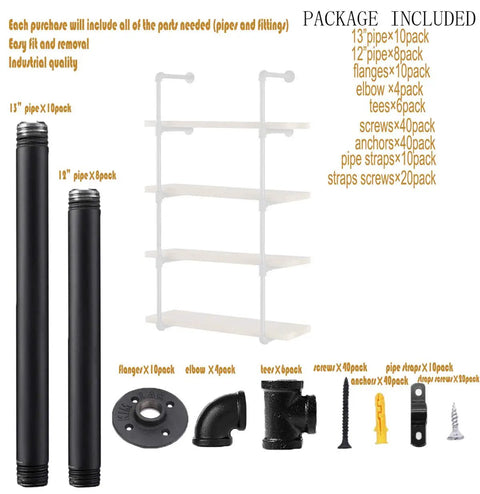 Industrial Iron Pipe Shelf Kit With 5-Tier Wall Mount Brackets, hardware components including pipes, flanges, and screws.