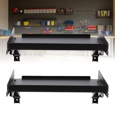 No Fuss Heavy Duty Fold Down Garage Wall Shelf Built Hella Sturdy With Alloy Steel to securely hold power tools.